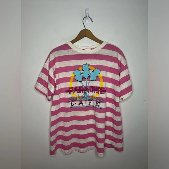 Single Stitch 80s 90s Vintage Paradise Cafe Striped Nautical Graphic T Shirt - Picture 11 of 11